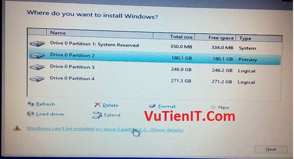 Windows cant be installed on driver 0 partition 2