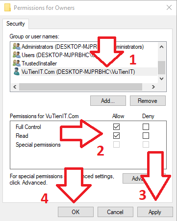 select full control allow user windows 10