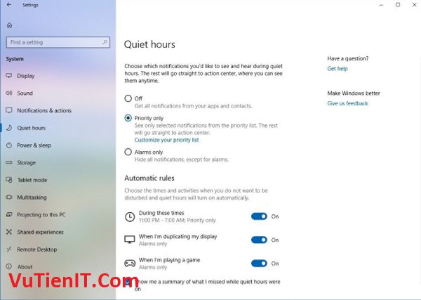Quiet Hours Windows 10 17074